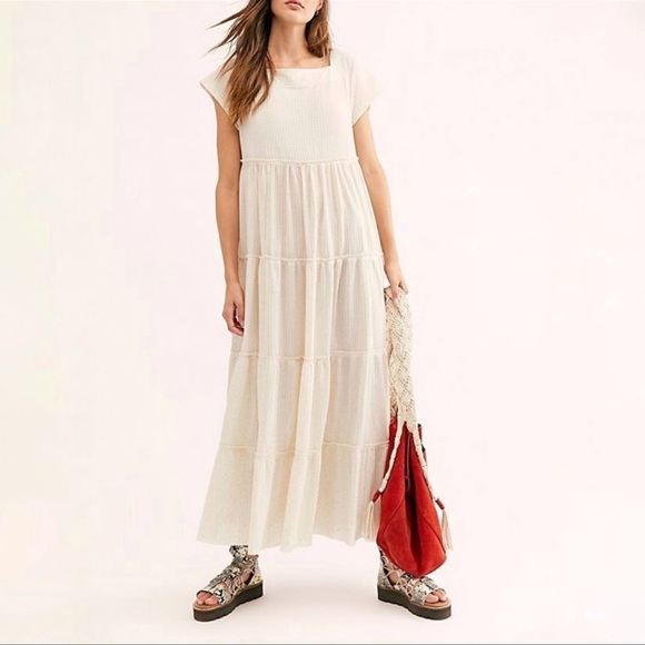 Free People Dresses & Skirts - Free People Beach Saltwater Cream Oatmeal Ribbed Tiered Maxi Dress Size S